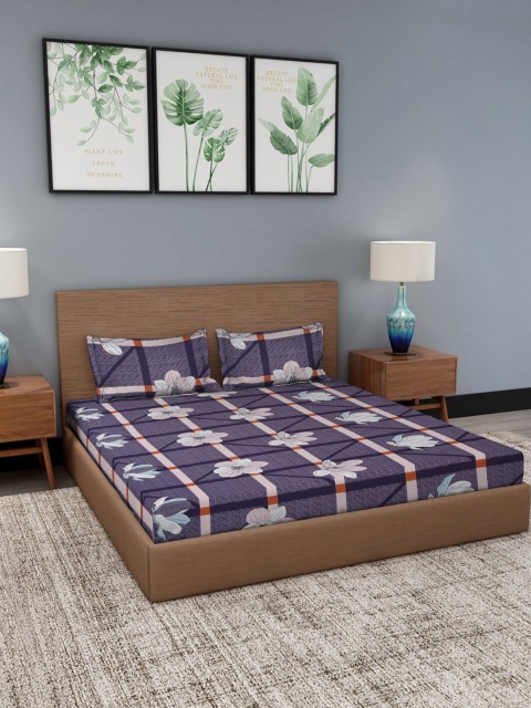

NEUDIS Navy Blue & Peach-Coloured Floral 180 TC Queen Bedsheet with 2 Pillow Covers