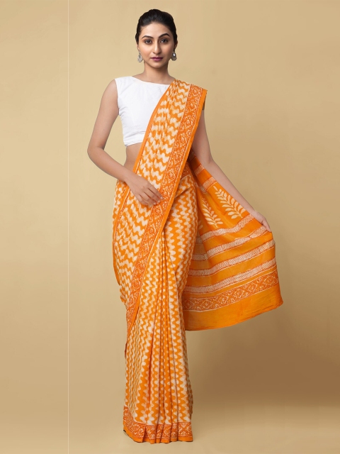 

Unnati Silks Women Orange & White Dabu Printed Rajasthani Soft Silk Saree