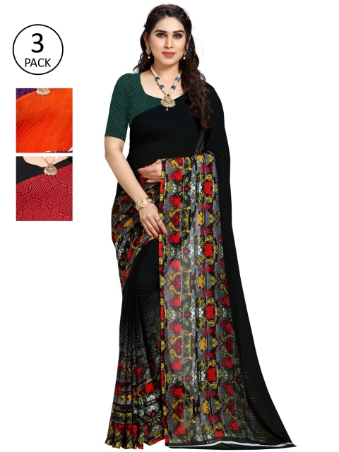 

KALINI Pack of 3 Printed Poly Georgette Sarees, Orange