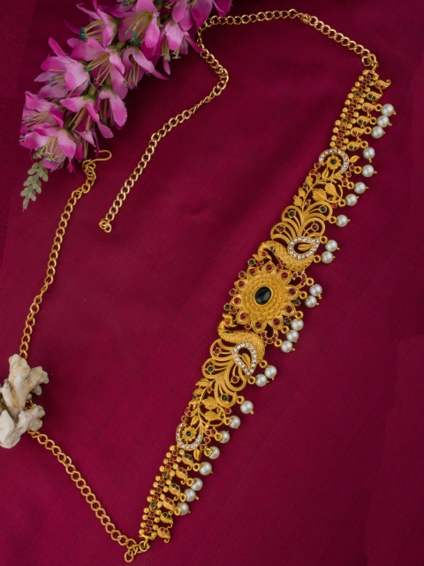 

Alankruthi Gold-Plated Pink & Green Stone-Studded Lotus Beads Kamarbandh