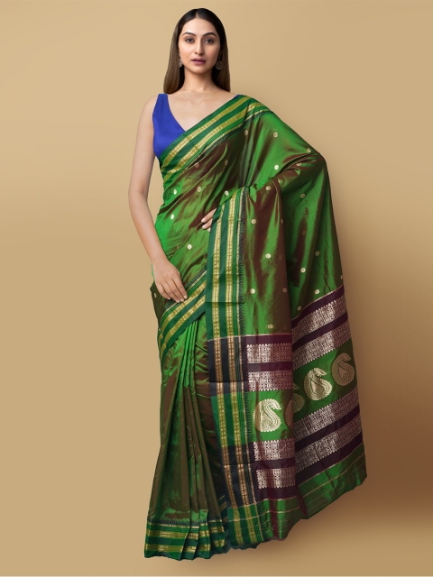 

Unnati Silks Green & Burgundy Ethnic Motifs Zari Silk Cotton Narayan Peth Saree