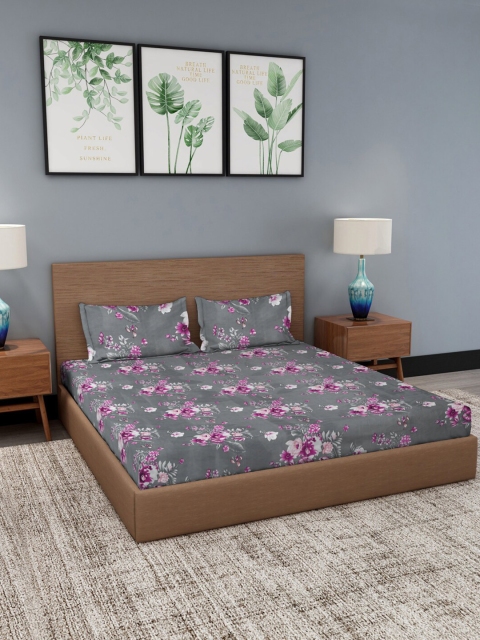 

NEUDIS Grey & Magenta Floral 180 TC Queen Bedsheet with 2 Pillow Covers