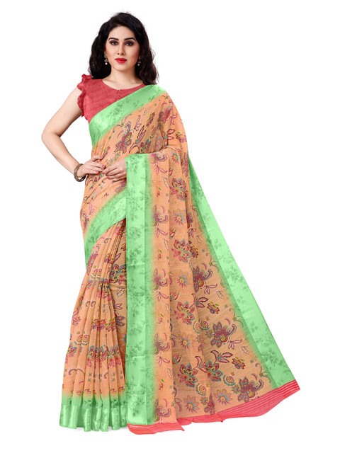 

KALINI Women Orange & Fluorescent Green Bagh Foil Print Poly Cotton Saree