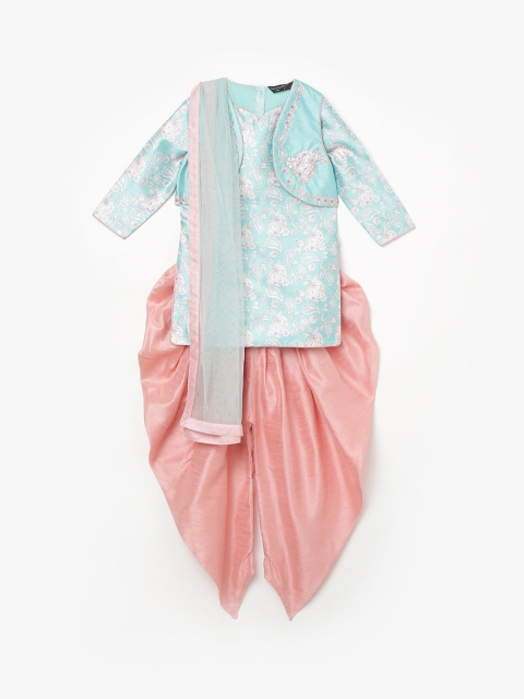 

Melange by Lifestyle Girls Blue & Pink Pure Cotton Kurta with Salwar & With Dupatta