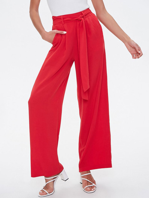 

FOREVER 21 Women Red Pleated Parallel Trousers