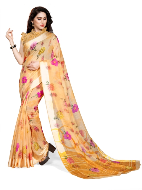 

KALINI Orange & Pink Polycotton Floral Print Saree