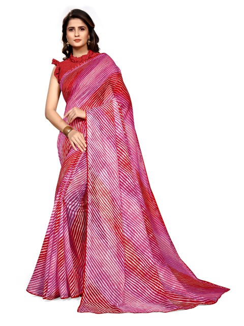 

KALINI Women Pink & Red Leheriya Sarees With Unstitched Blouse