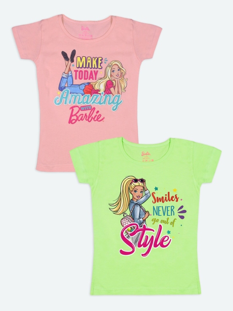 

Barbie Girls Peach-Coloured & Lime Green 2 Barbie Printed T-shirt