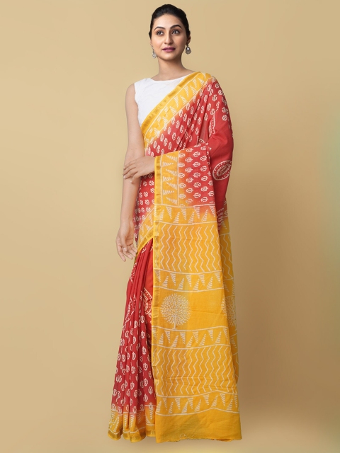 

Unnati Silks Red & Yellow Ethnic Motifs Pure Cotton Block Print Saree