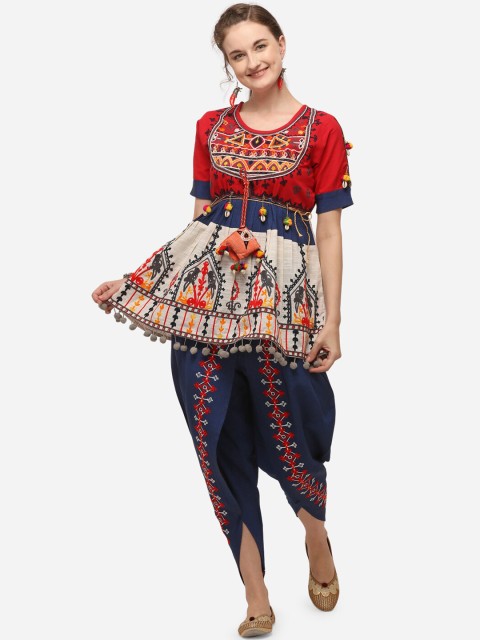 

Mesmora Women Red & Navy Blue Embellished Kurti with Dhoti Pants