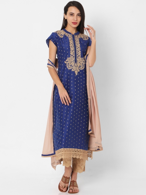 

SALWAR STUDIO Women Blue Ethnic Motifs Thread Work Kurta with Churidar & With Dupatta