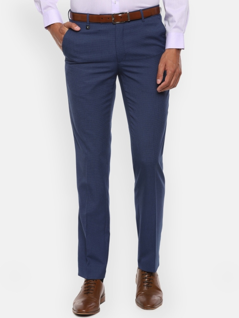 

V Dot Men Navy Blue Textured Slim Fit Formal Trousers