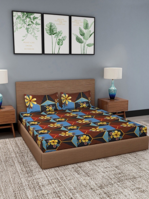 

NEUDIS Maroon & Blue Floral 180 TC Queen Bedsheet with 2 Pillow Covers