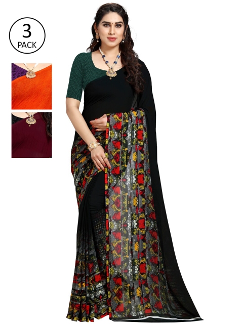 

KALINI Pack of 3 Orange & Maroon Floral Saree