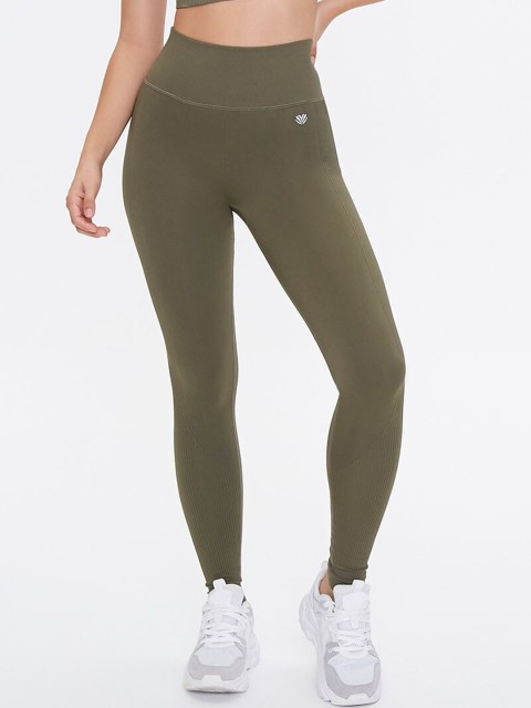 

FOREVER 21 Women Olive-Green Solid Active Seamless Ribbed-Trim Leggings