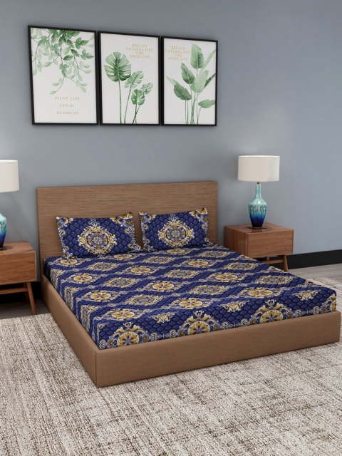

NEUDIS Blue & Yellow Ethnic Motifs 180 TC Queen Bedsheet with 2 Pillow Covers