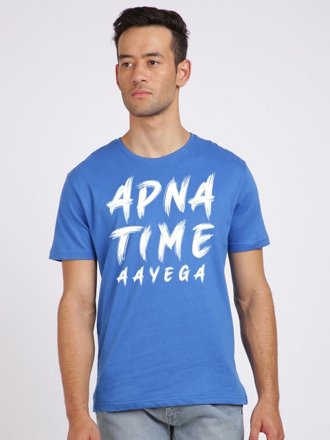 

MASH UNLIMITED Men Blue & White Typography Printed Slim Fit T-shirt