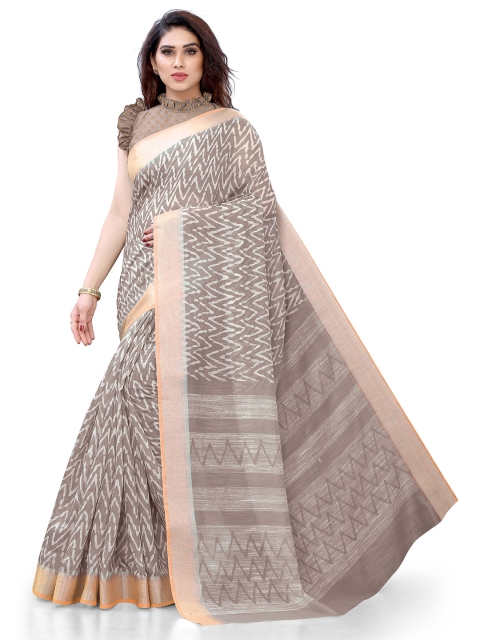 

KALINI Taupe & Peach Polycotton Geometric Print Saree