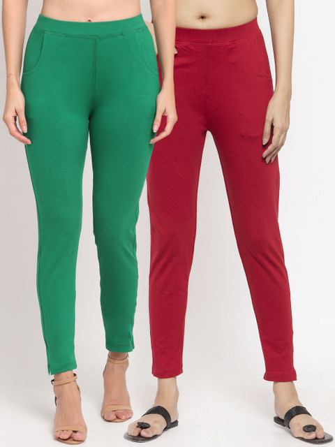 

NEUDIS Women Pack Of 2 Solid Ankle-Length Straight-Fit Leggings, Green