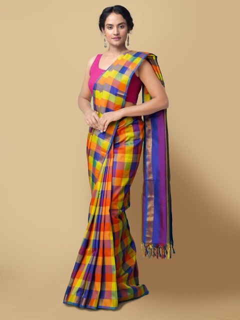 

Unnati Silks Blue & Green Checked Silk Cotton Kanjeevaram Saree