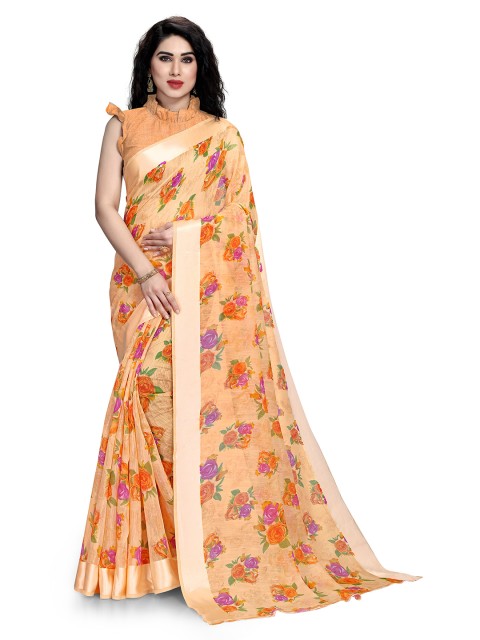 

KALINI Women Orange & Lavender Floral Print Bagh Saree With Unstitched Blouse