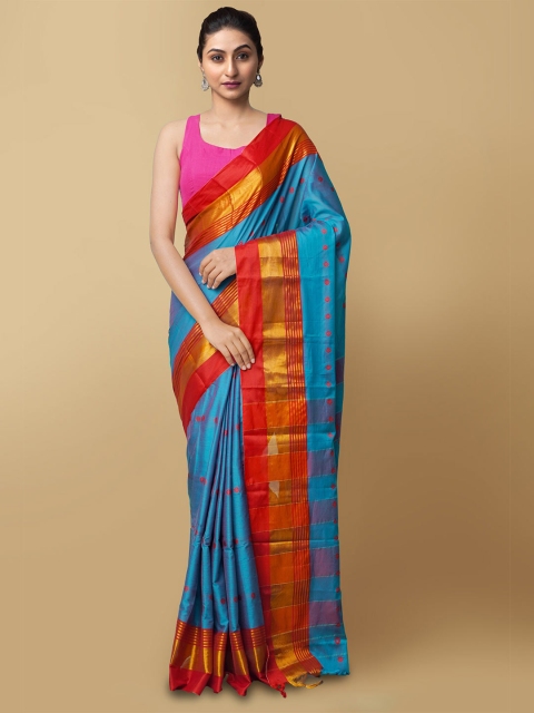 

Unnati Silks Blue & Red Woven Design Silk Cotton Handloom Narayan Peth Saree