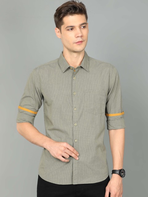 

HERE&NOW Men Olive Green Striped Slim Fit Casual Shirt