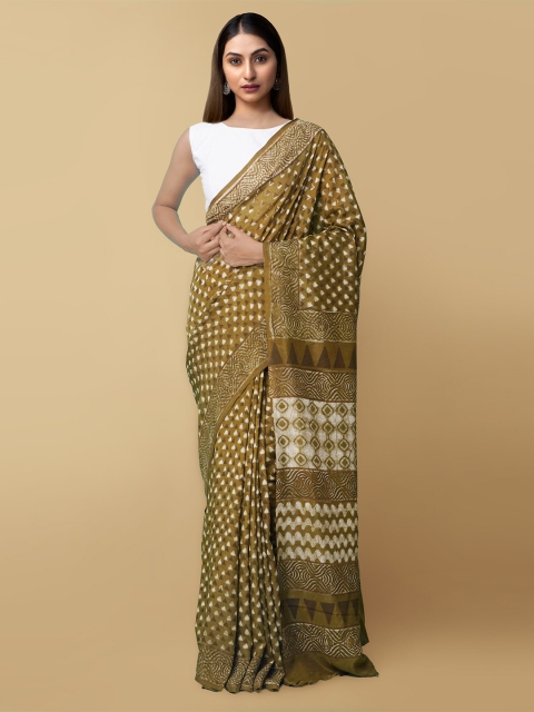 

Unnati Silks Olive Green & White Art Silk Dabu Saree