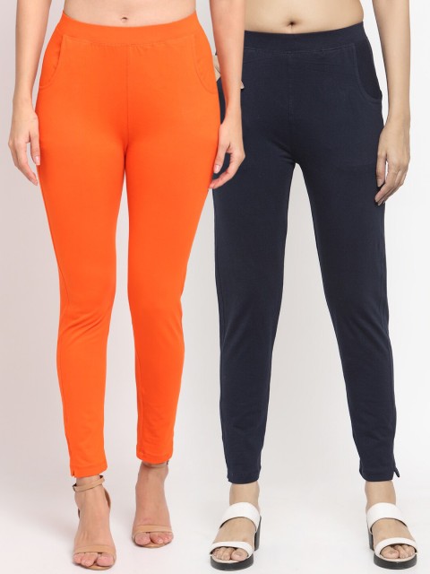 

NEUDIS Women Pack Of 2 Solid Straight-Fit Ankle-Length Leggings, Orange