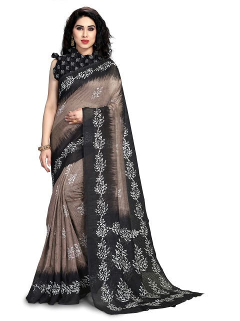KALINI Brown & Black Art Silk Batik Print Saree