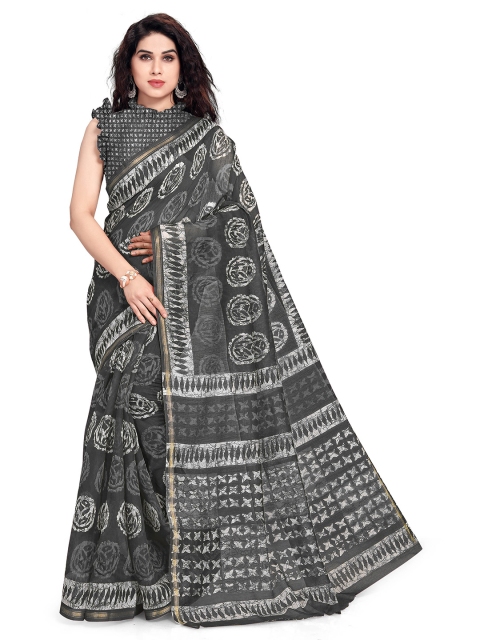 

KALINI Grey & White Abstract Print Polycotton Daily Wear Saree