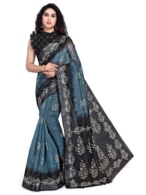 KALINI Women Blue & Black Printed Cotton Saree