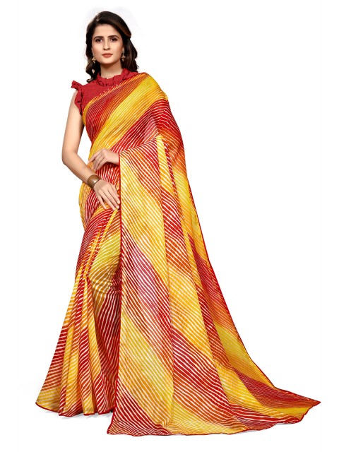 

KALINI Red & Yellow Polycotton Leheriya Print Saree
