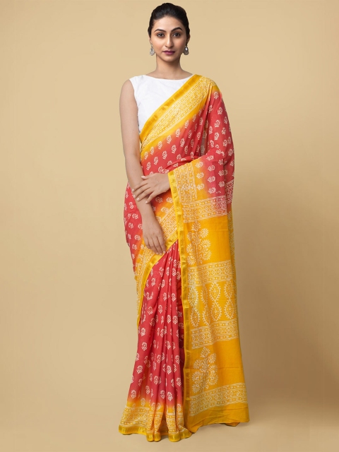 

Unnati Silks Red & Yellow Ethnic Motifs Mulmul Cotton Hand Block Print Saree