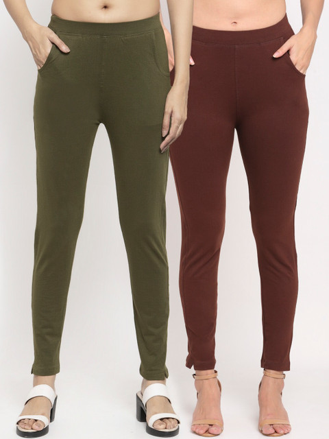 

NEUDIS Women Pack Of 2 Solid Straight-Fit Ankle-Length Leggings, Brown