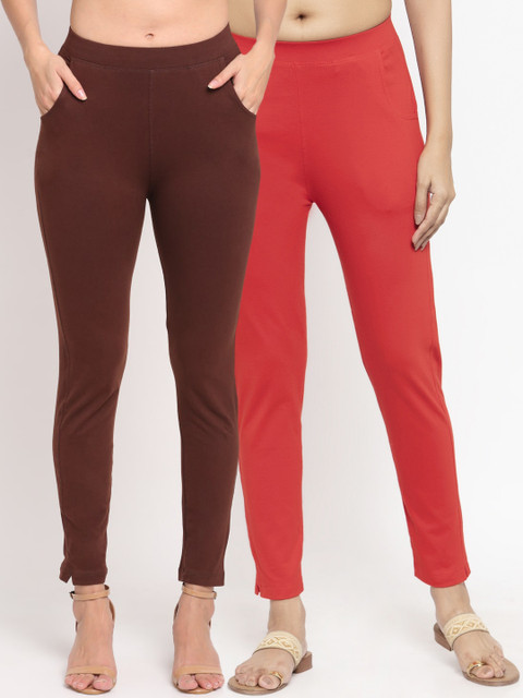 

NEUDIS Women Pack Of 2 Solid Ankle-Length Straight-Fit Leggings, Brown