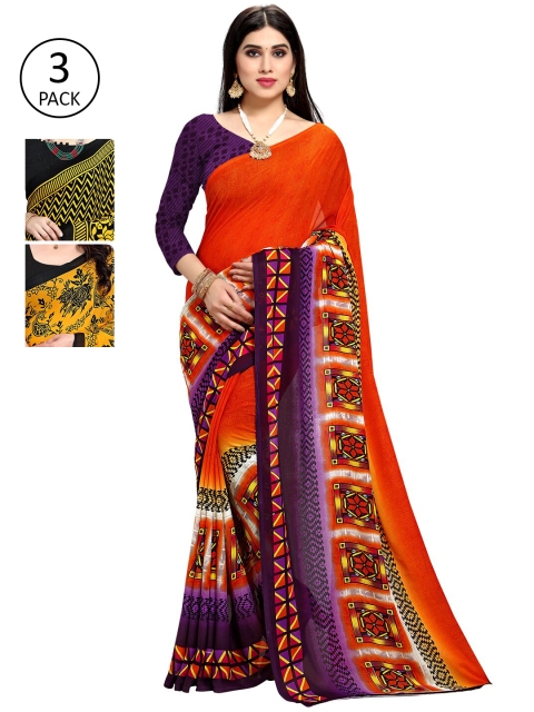 

KALINI Pack of 3 Orange & Yellow Poly Georgette Saree