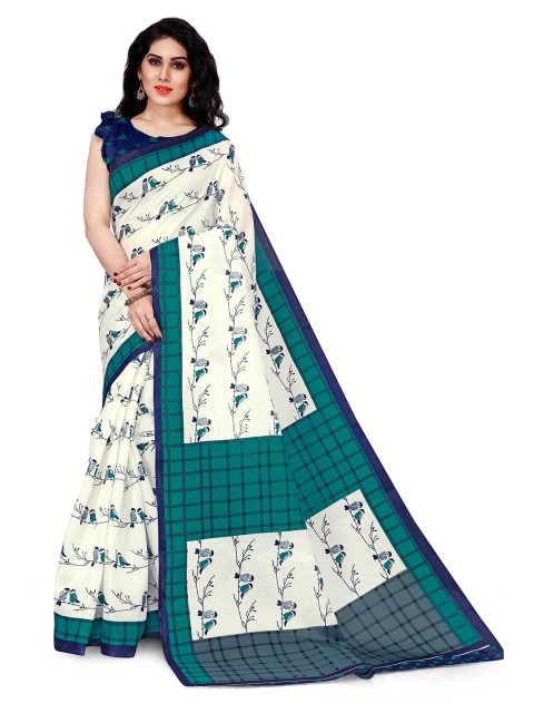 

KALINI Women White and Teal Printed Saree