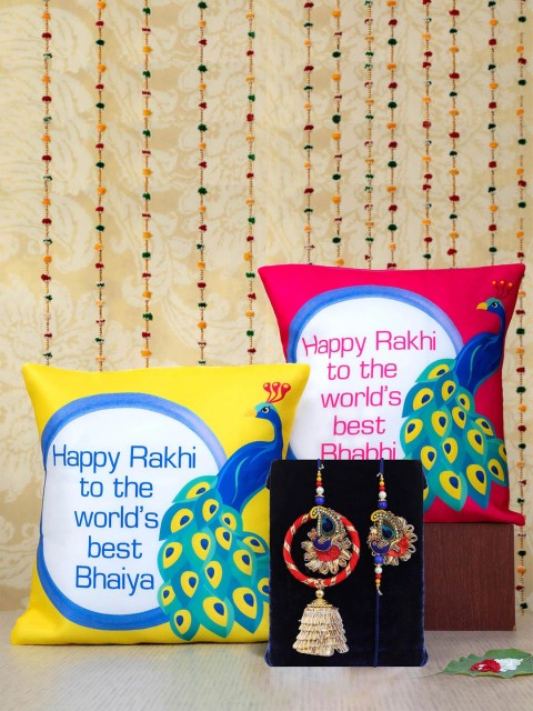 

TIED RIBBONS Set Of 3 Printed Cushions & Rakhi Gift set, Red