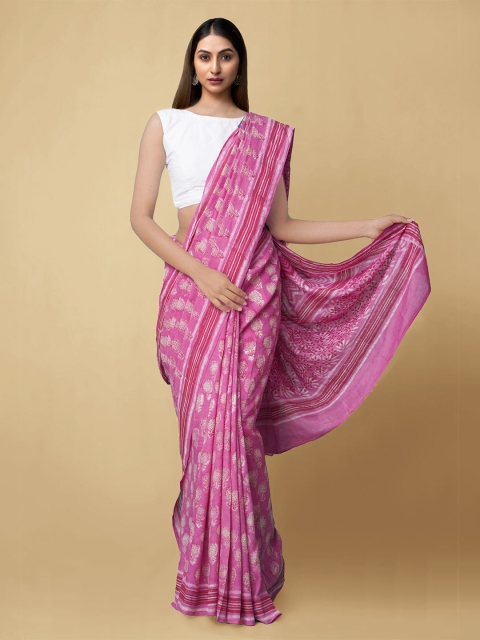 

Unnati Silks Pink & White Dabu Art Silk Dabu Saree