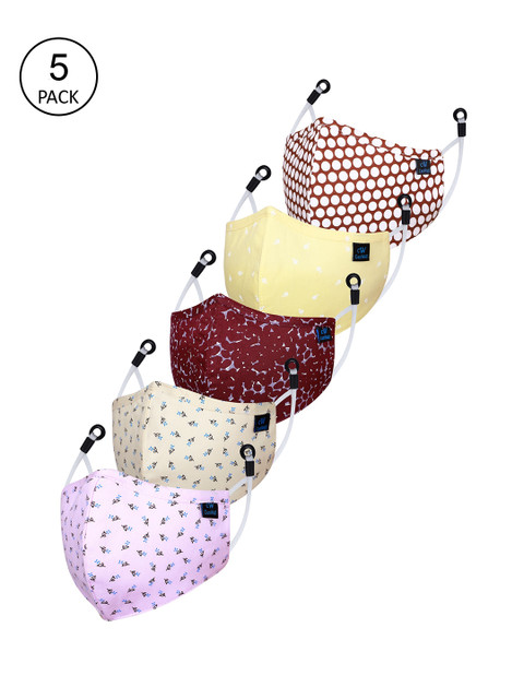 

CENWELL Unisex Pack Of 5 Yellow Printed 6-Ply Reusable Pure Cotton 3D Cloth Masks