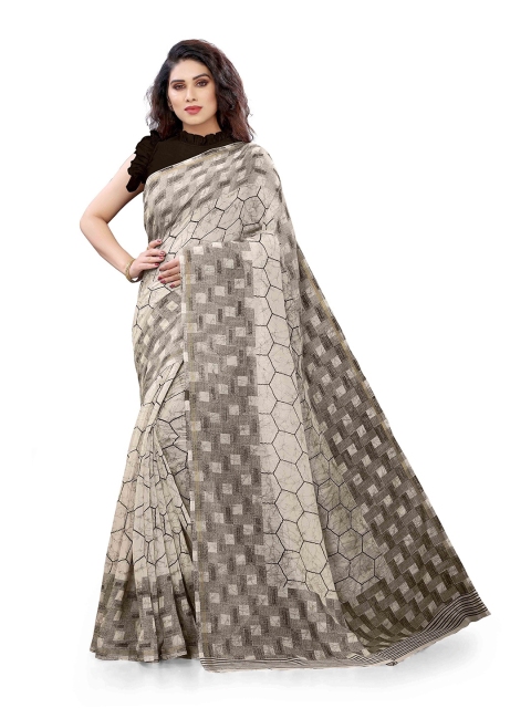 

KALINI Women Beige& Black Batik Geometric Print Poly cotton Saree