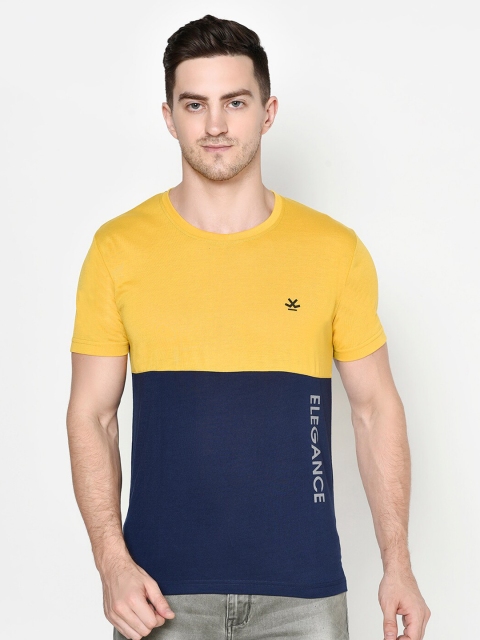 

ELEGANCE Men Yellow & Navy Blue Colourblocked T-shirt