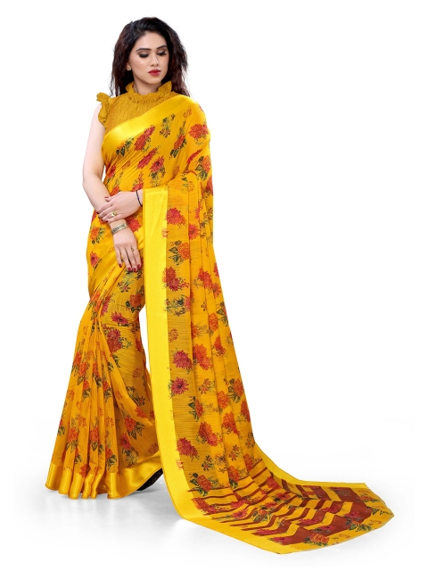 

KALINI Mustard & Red Polycotton Floral Print Saree