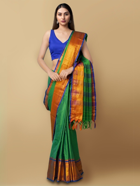 

Unnati Silks Green & Red Zari Silk Cotton Handloom Narayan Peth Saree