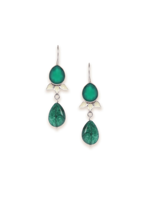

Fabindia Silver-Toned & Green Contemporary Drop Earrings