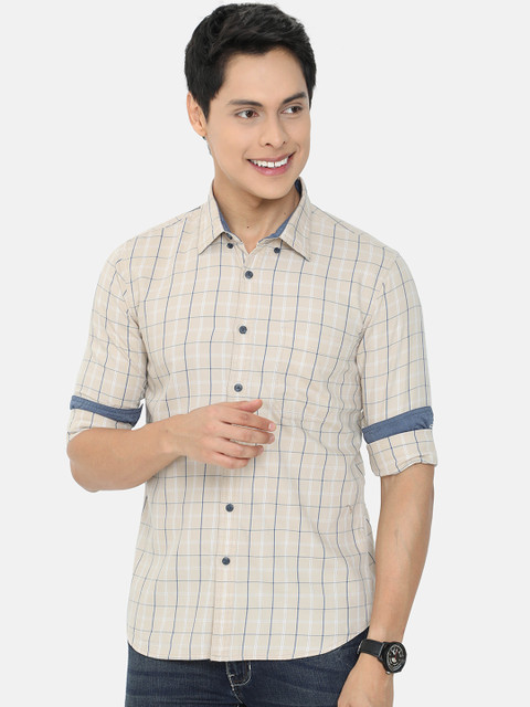 

HERE&NOW Men & Navy Blue Beige Slim-Fit Windowpane Checks Checked Cotton Casual Shirt