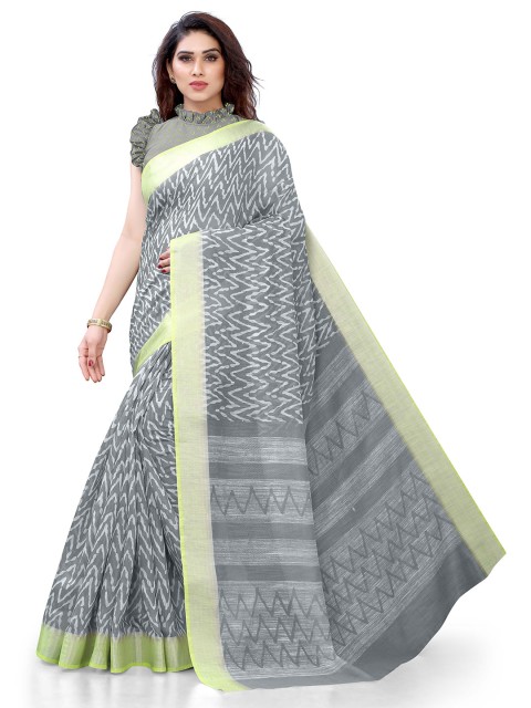 

KALINI Women Grey & White Chevron Printed Saree with satin Patta Border