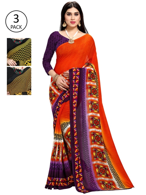 

KALINI Pack of 3 Yellow & Orange Poly Georgette Saree
