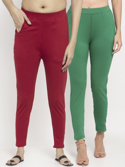 

NEUDIS Women Pack Of 2 Solid Straight-Fit Ankle-Length Leggings, Green